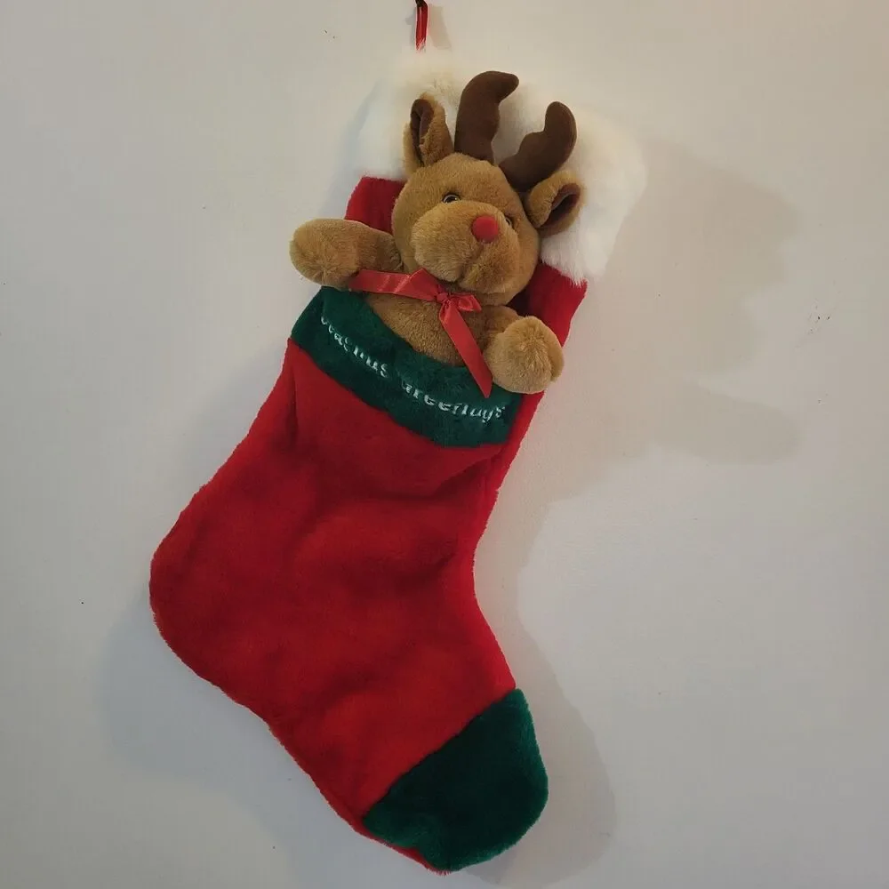 Christmas Stocking Reindeer Seasons Greetings Plush Vintage Red Green 17